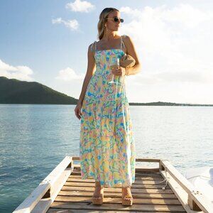 Kenny Flowers The St. Lucia Resort Dress Pink and Blue Maxi Sundress Resort XL